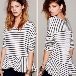 We The Free Auntie Em Striped Thermal Waffle Knit Peplum White Black Top Med